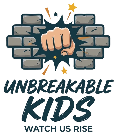 Unbreakable Kids logo: a fist breaking through a brick wall. Watch us rise.