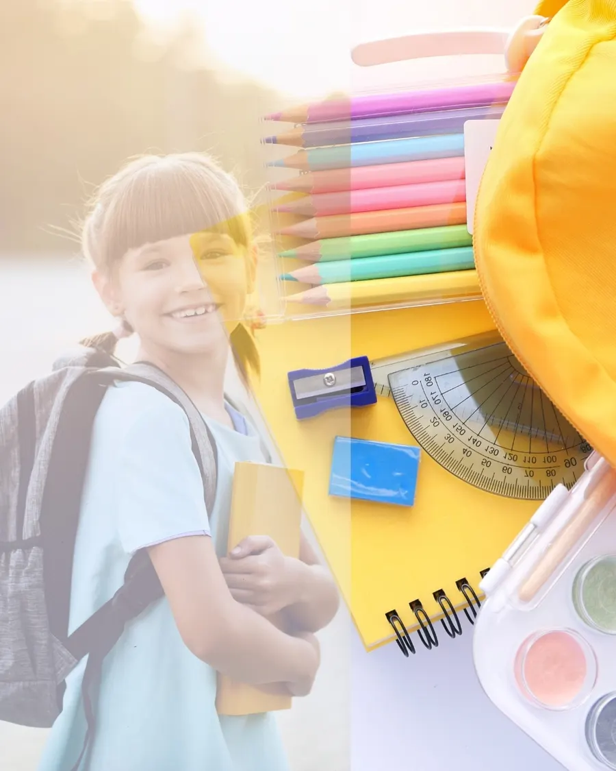 Colorful school supplies ready for a backpack drive